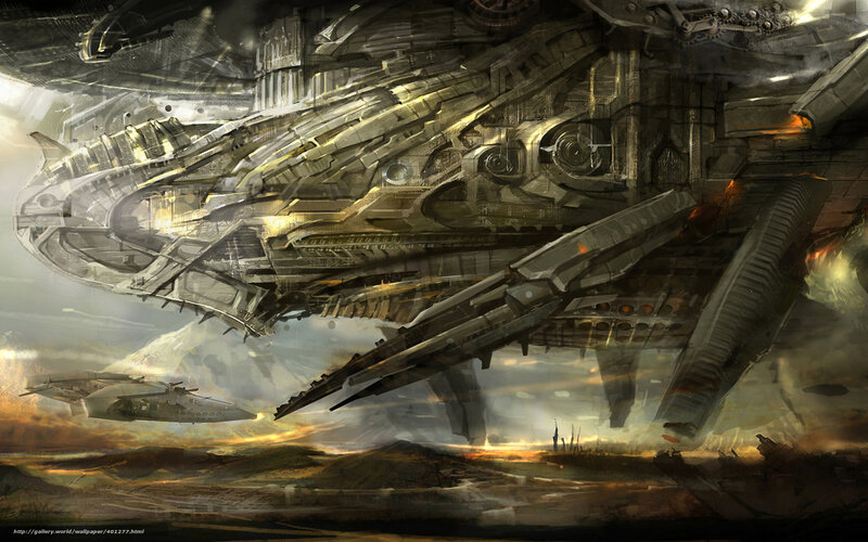 Futuristic warship over alien planet