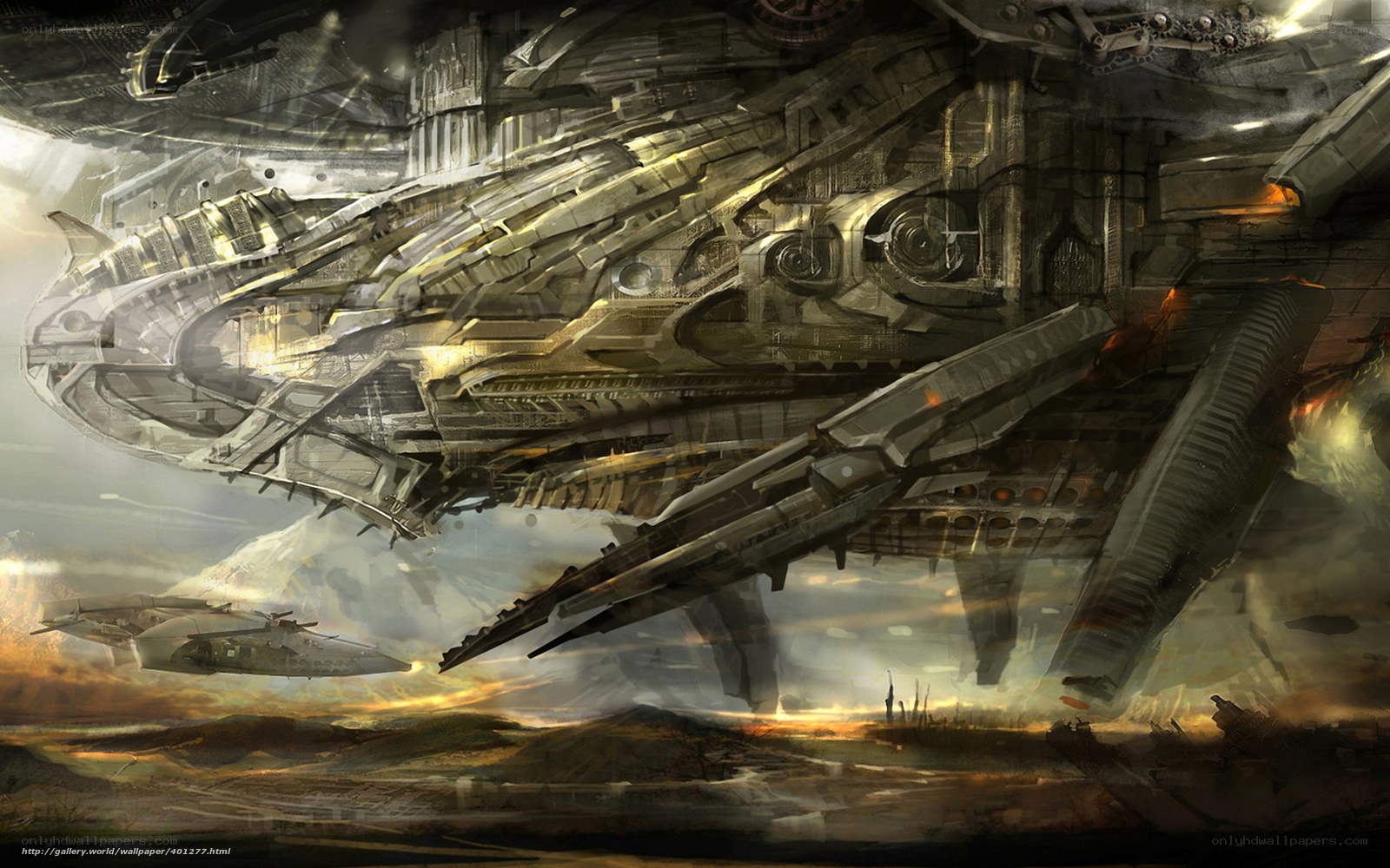 Futuristic warship over alien planet
