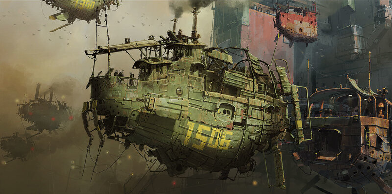 Futuristic warships in a smoggy sky