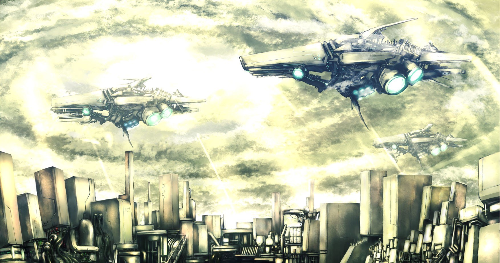 Futuristic warships over a city