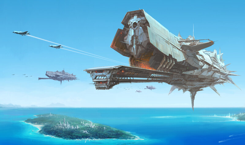 Futuristic warships over island