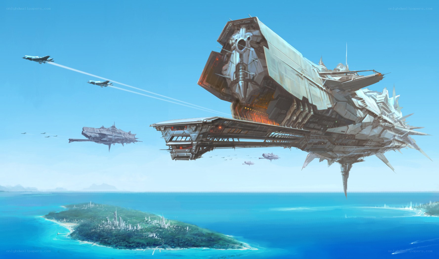 Futuristic warships over island