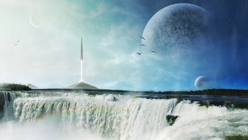 Futuristic waterfall landscape