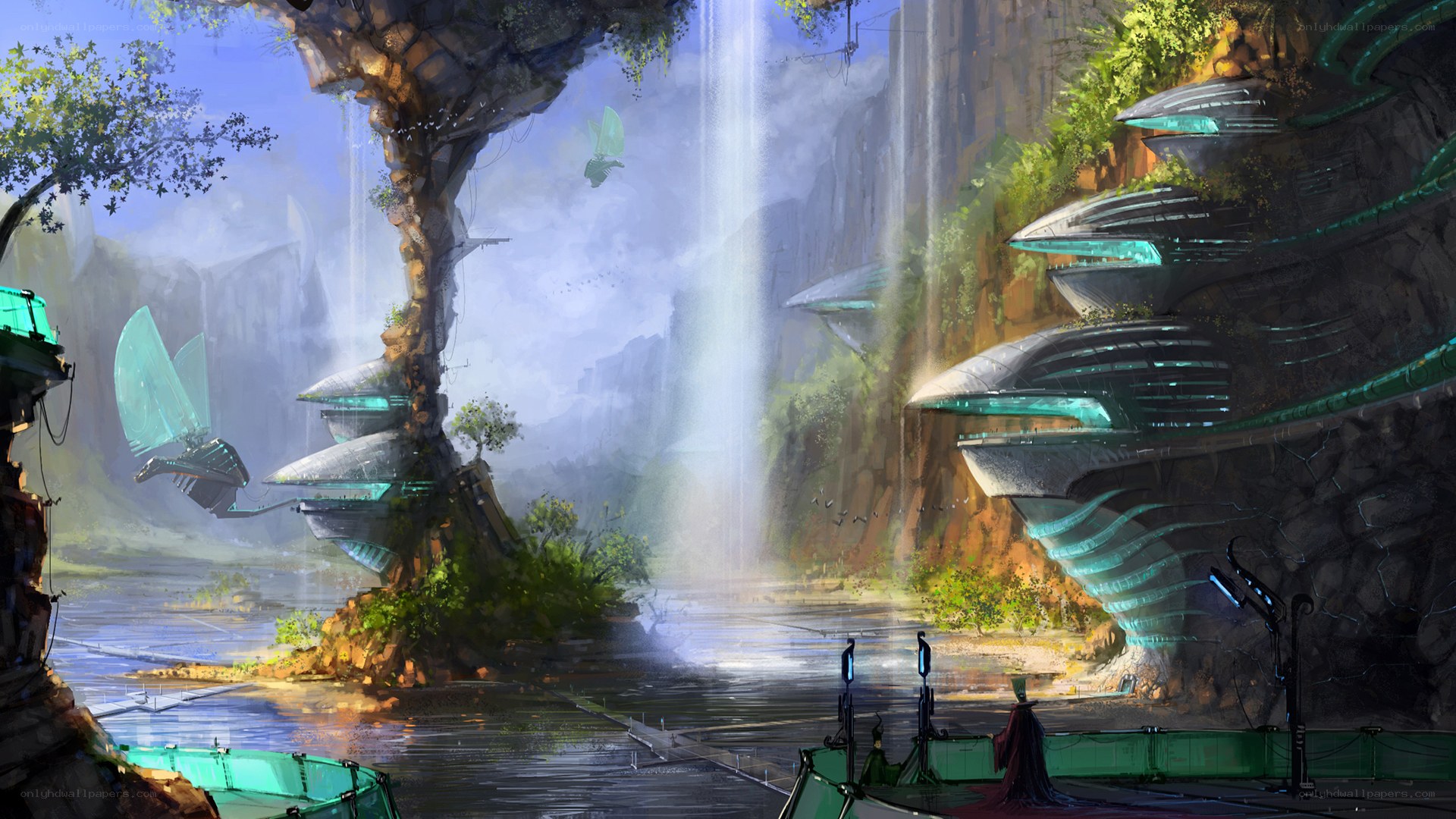 futuristic waterfall settlement