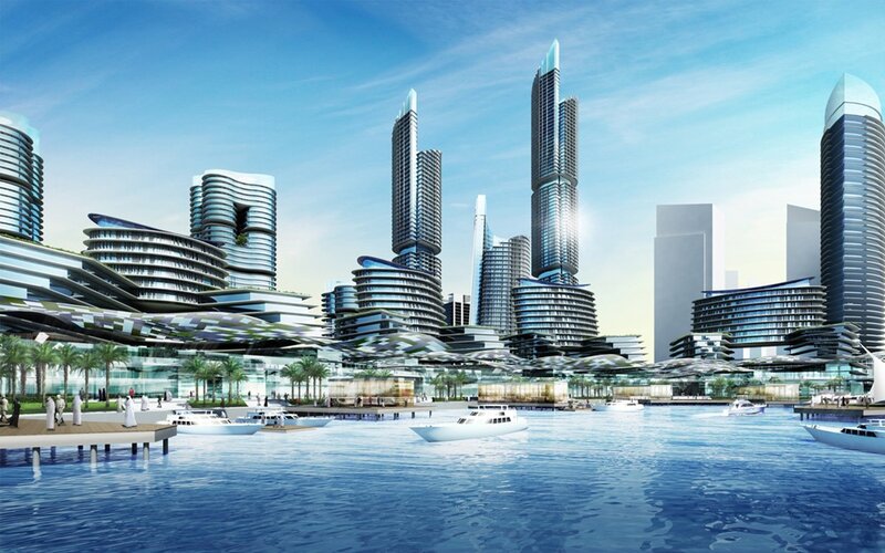 Futuristic waterfront cityscape
