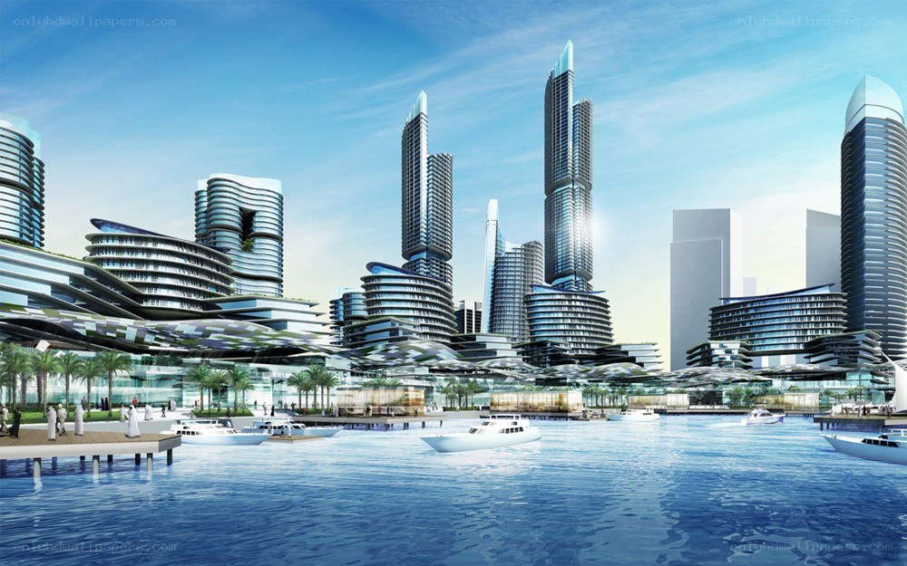 Futuristic waterfront cityscape