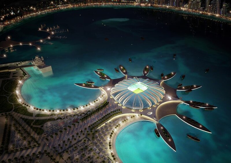 futuristic waterfront stadium