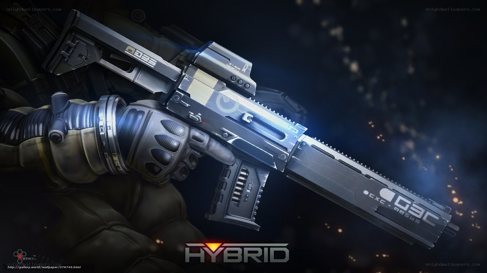 Futuristic weapon in gloved hand