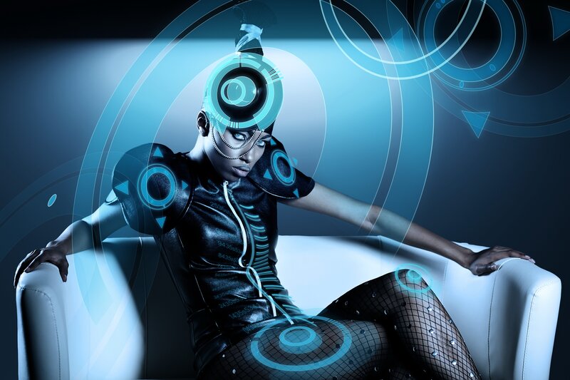 futuristic woman in cybernetic suit