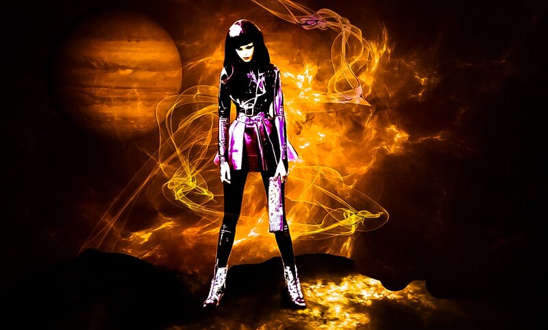 futuristic woman in fiery landscape