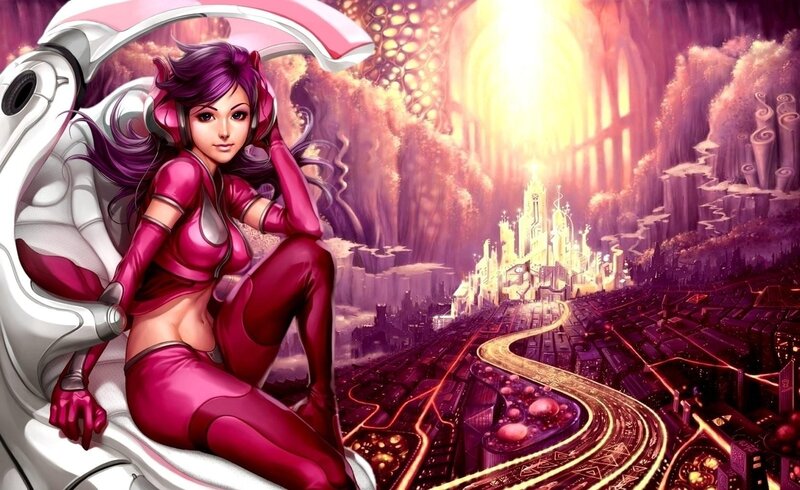 futuristic woman in pink suit