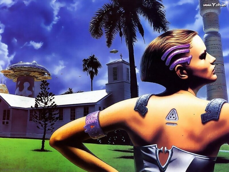 futuristic woman in tropical setting