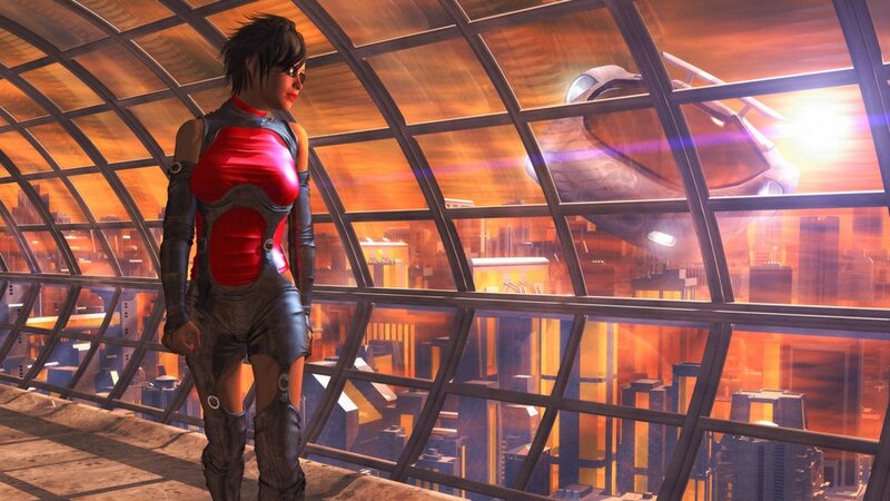 futuristic woman on a bridge
