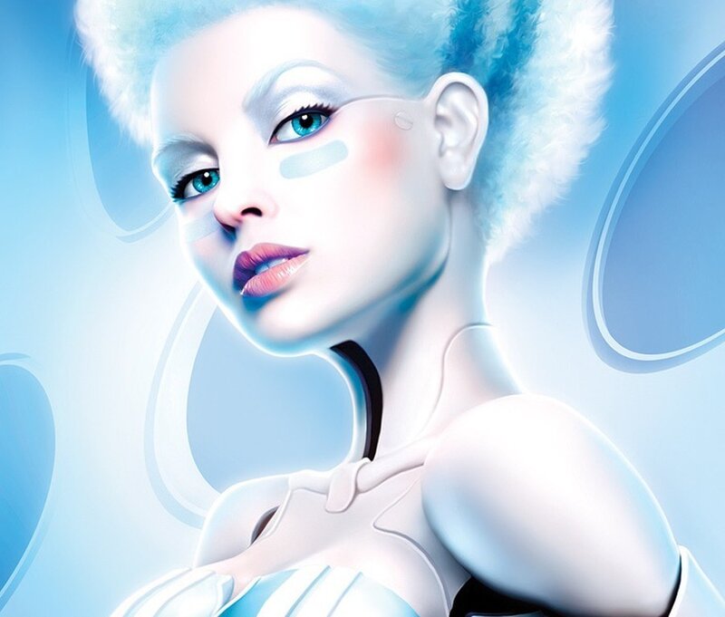 futuristic woman with blue hair