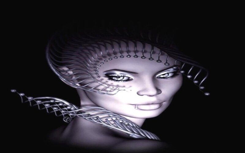 futuristic woman with metallic headpiece
