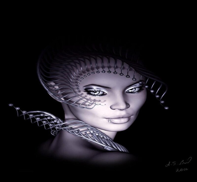 futuristic woman with metallic headpiece