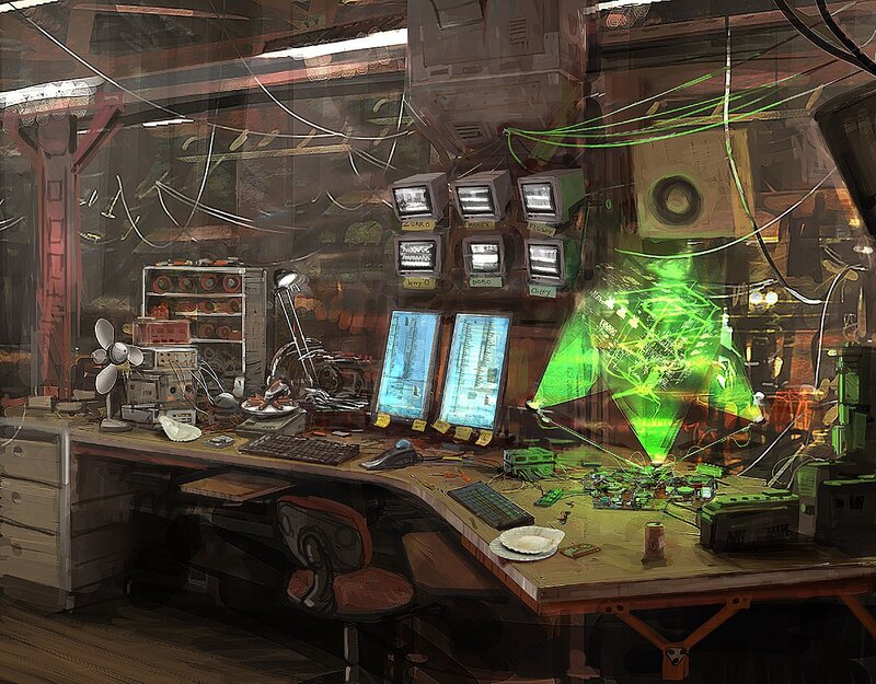 futuristic workshop with hologram