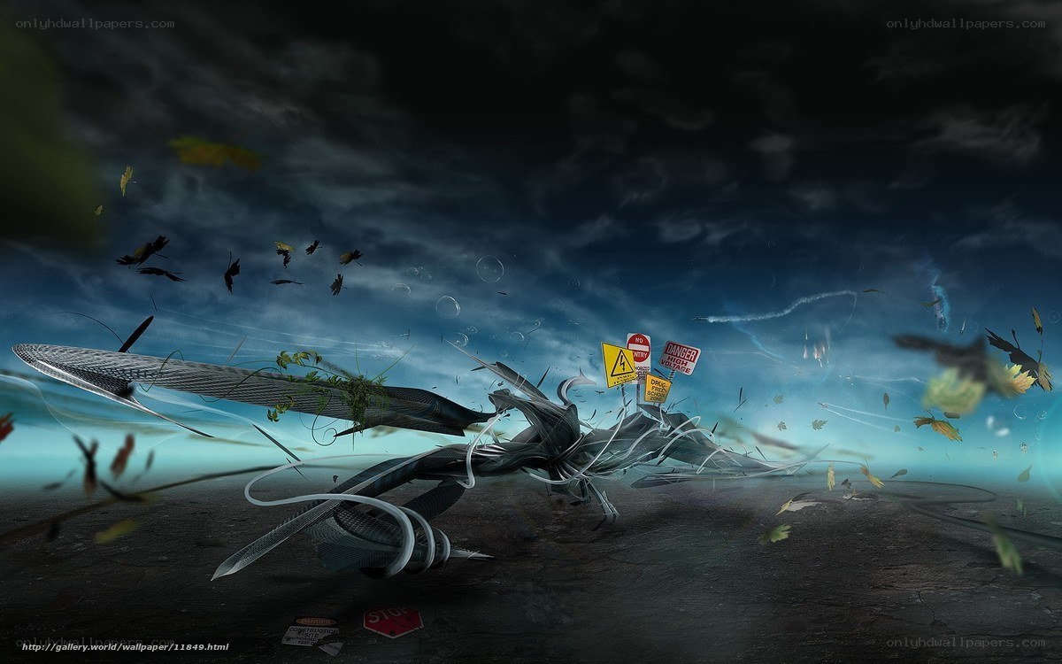 Futuristic wreckage in storm