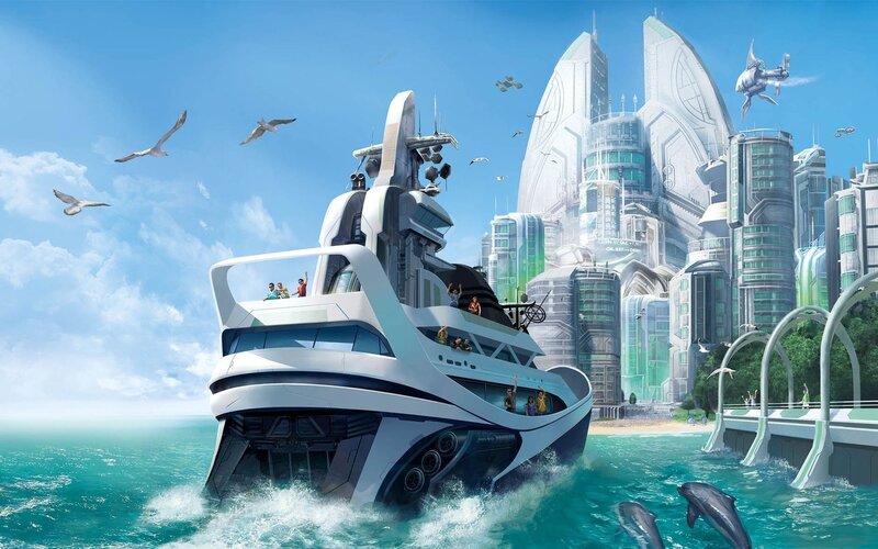 Futuristic yacht near city