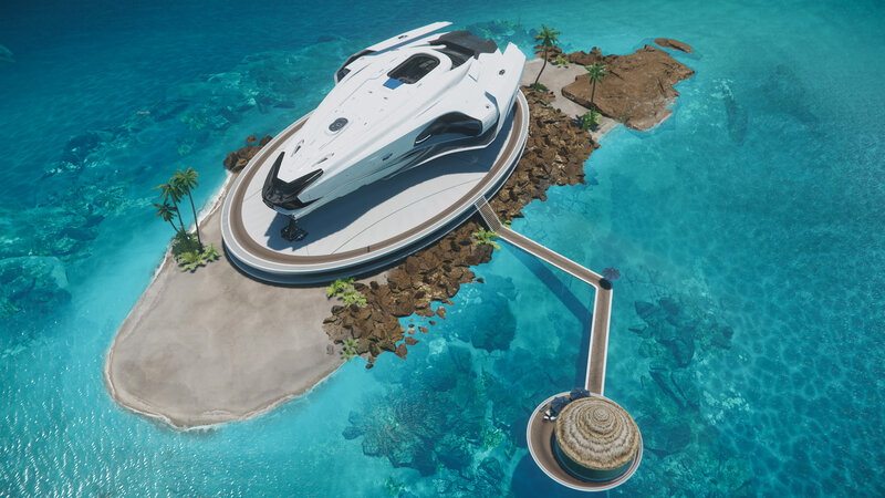 Futuristic Yacht on Island