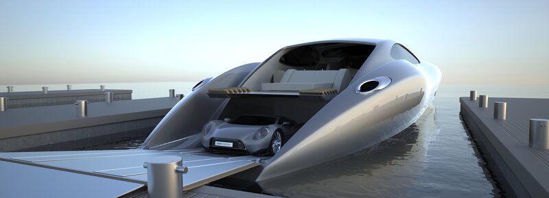 futuristic yacht with car garage