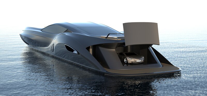 futuristic yacht with car garage