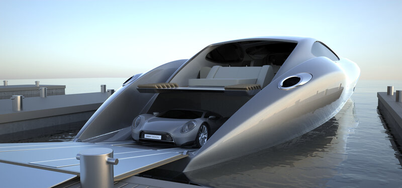 Futuristic yacht with car garage