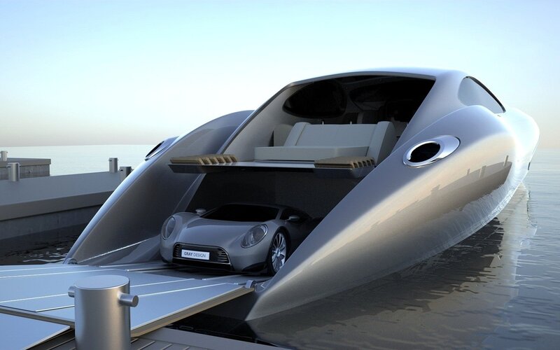 Futuristic yacht with car garage