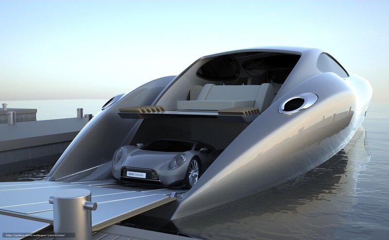 Futuristic yacht with car garage