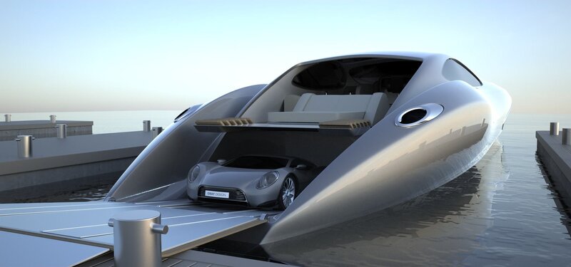 Futuristic Yacht with Car — Silver, Serene, Morning