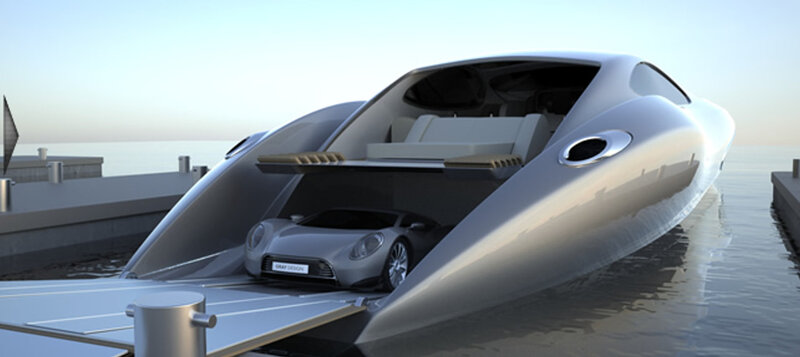 Futuristic Yacht with Car — Silver, Serene