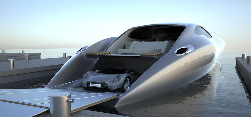 Futuristic Yacht with Car — Silver