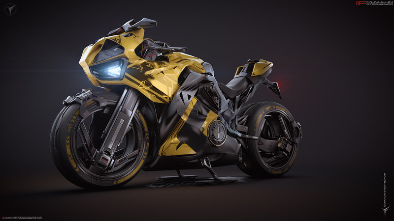 Futuristic Yellow Motorcycle — Dramatic