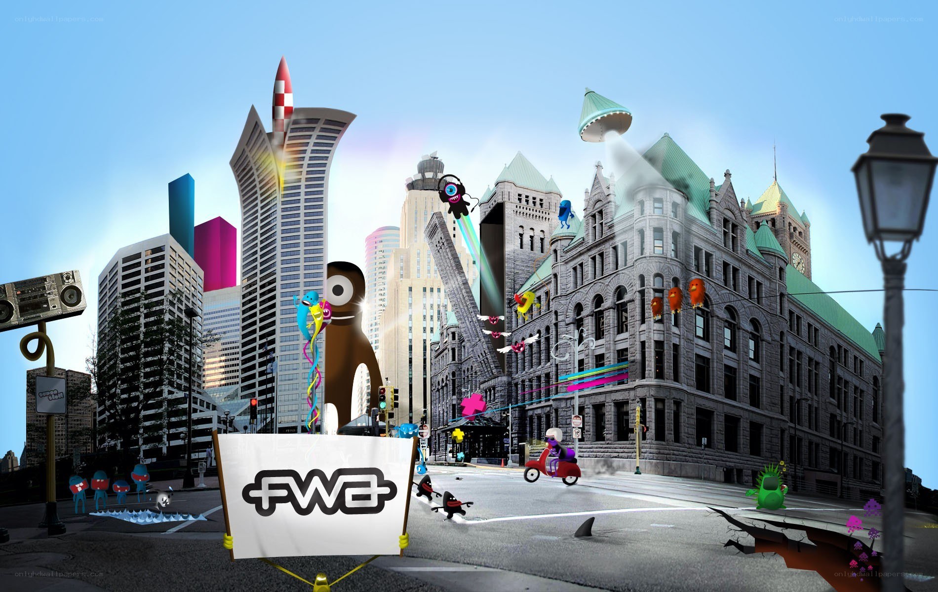 FWD city scene with cartoon characters