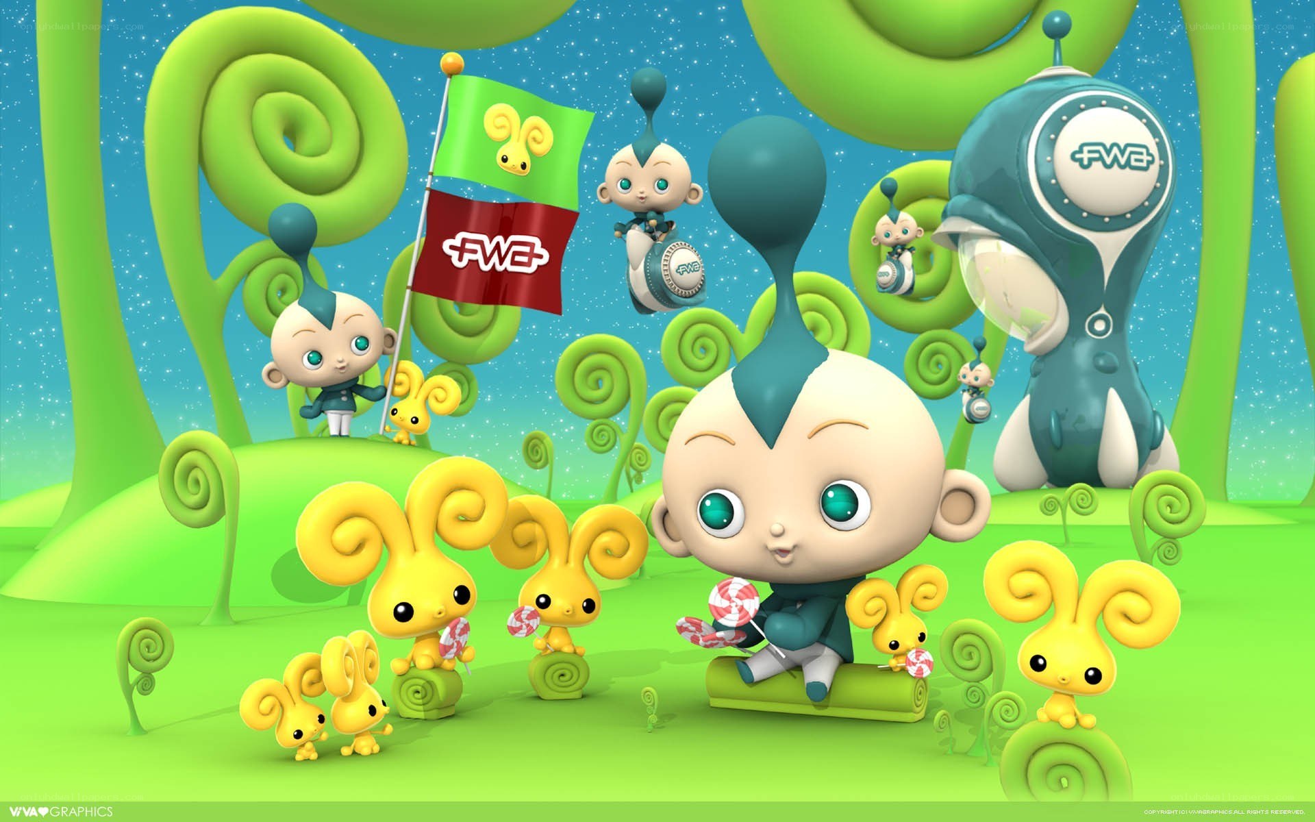 FWE characters in a green landscape