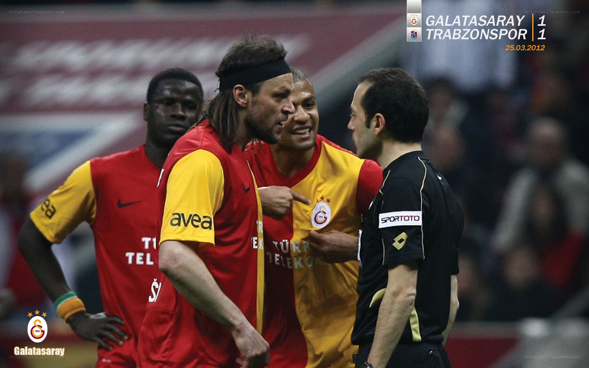 Galatasaray players arguing with referee