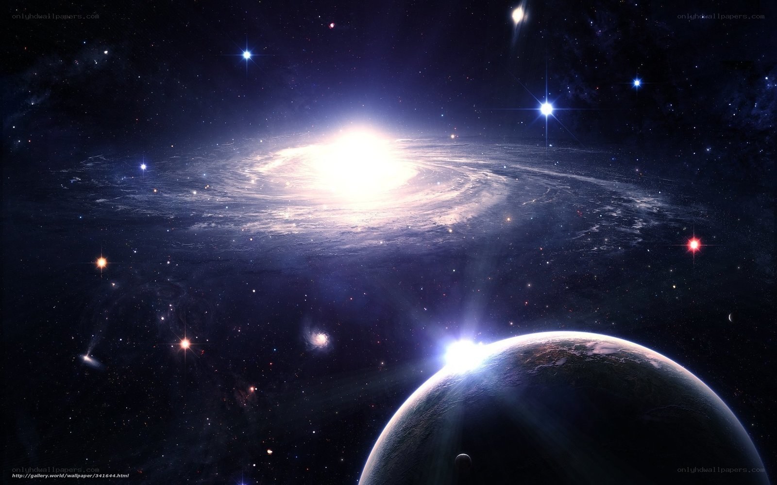 Galaxy and planet in space