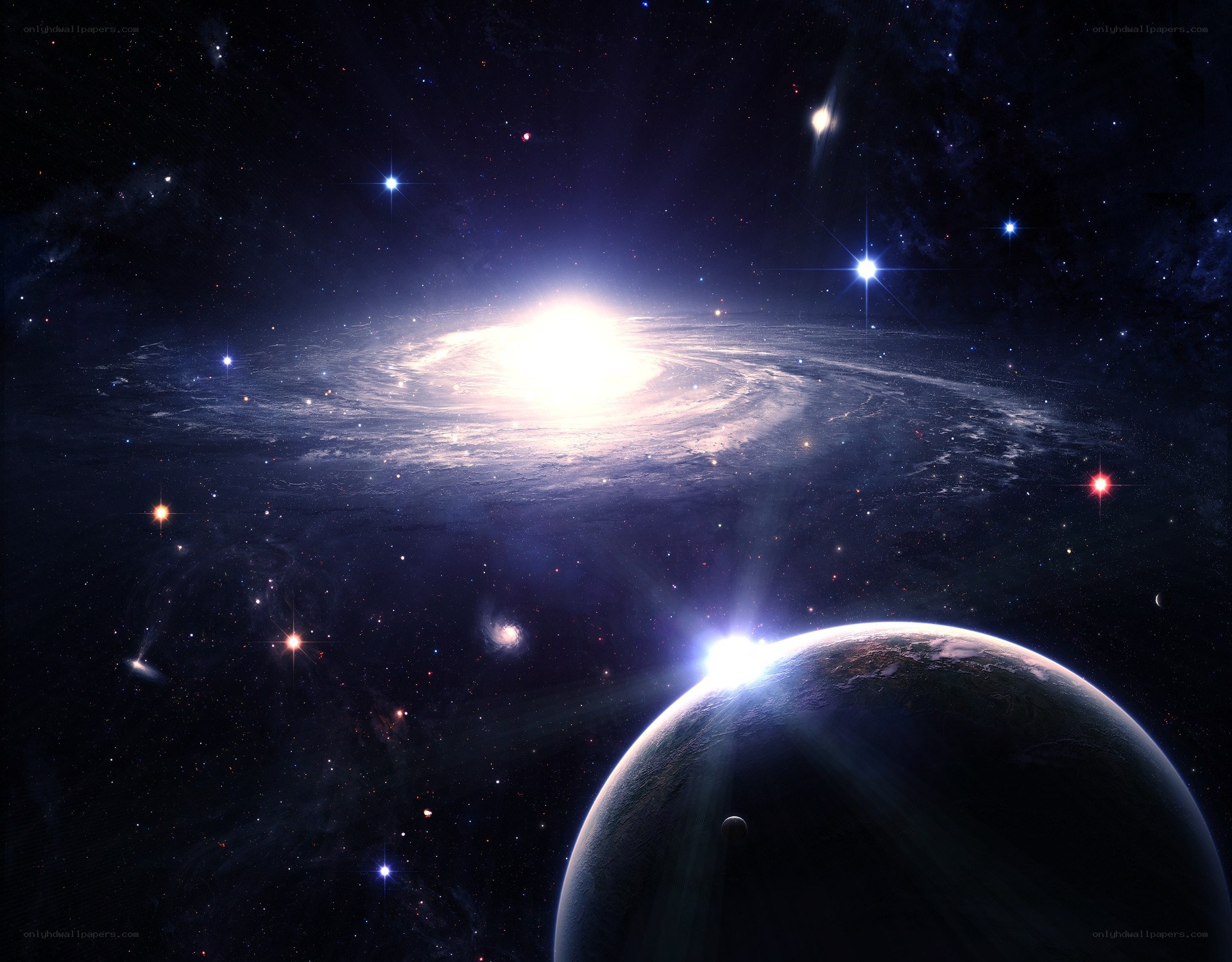 Galaxy and planet in space