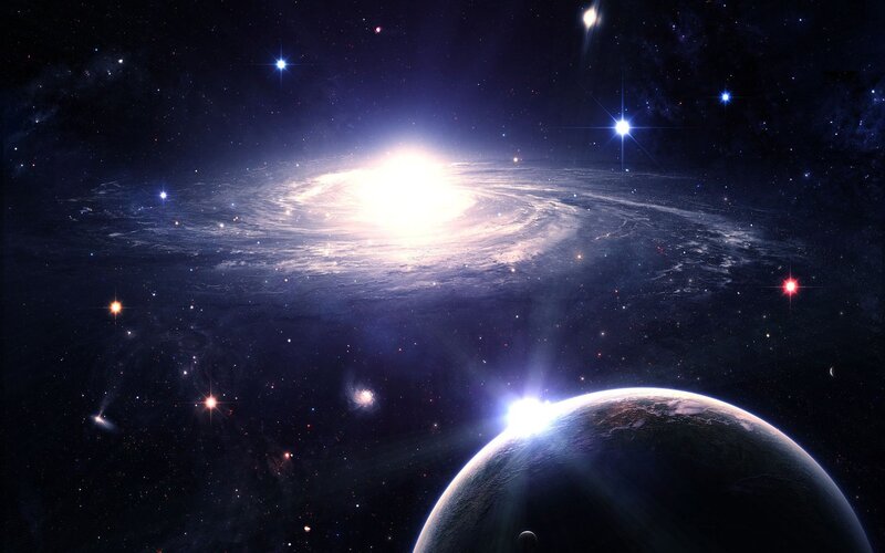 Galaxy and planet in space