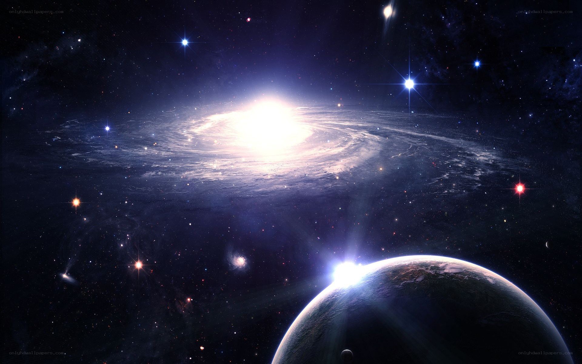 Galaxy and planet in space