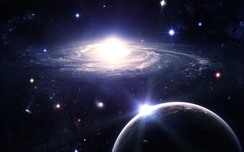 Galaxy and planet in space