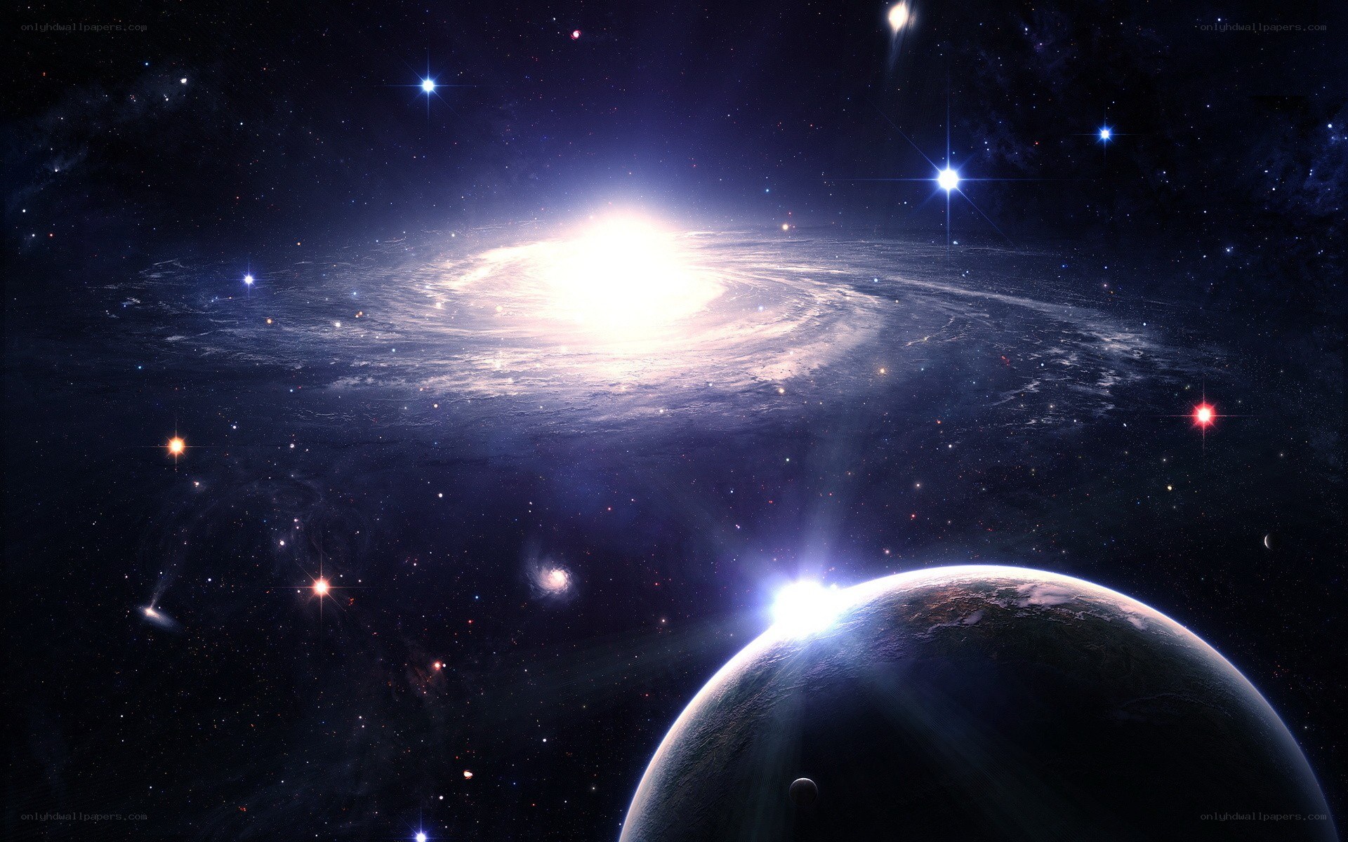 Galaxy and planet in space