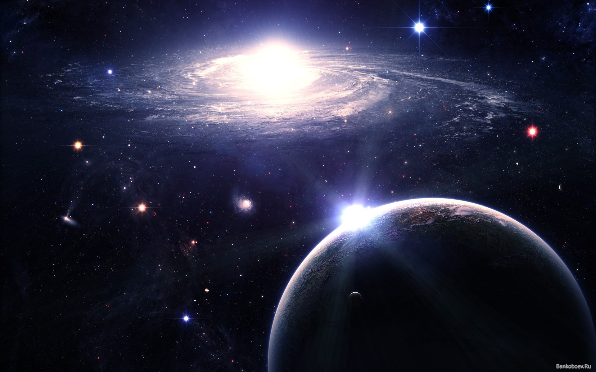Galaxy and planet in space