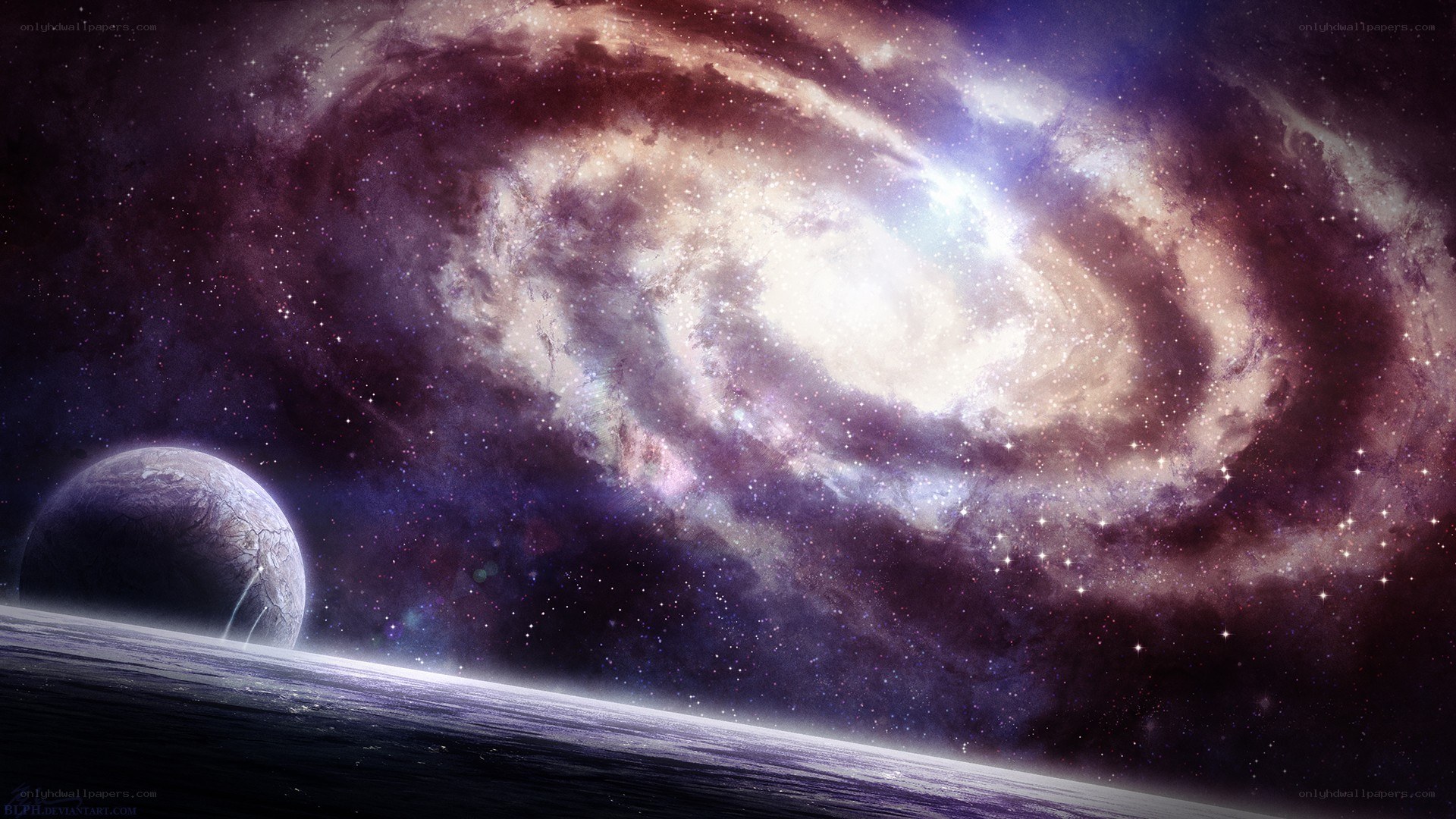 Galaxy and planet in space