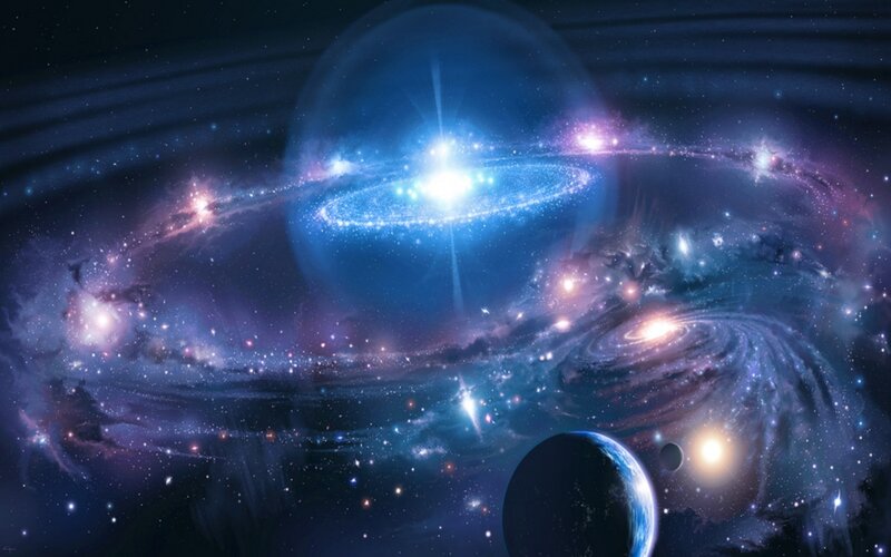 Galaxy and Planets in Space — Blue