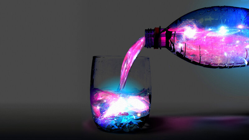 Galaxy Liquid Pouring — Purple, Dramatic, Digital Art, Bottle, Glass