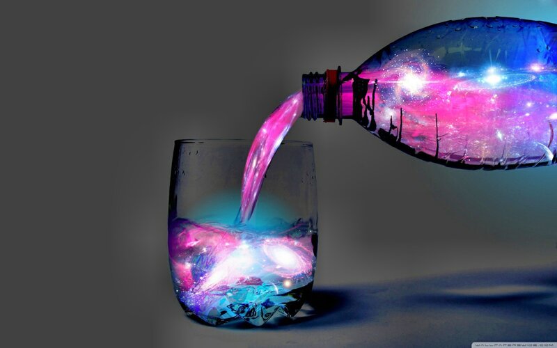 Galaxy Liquid Pouring — Purple, Dramatic, Digital Art, Bottle