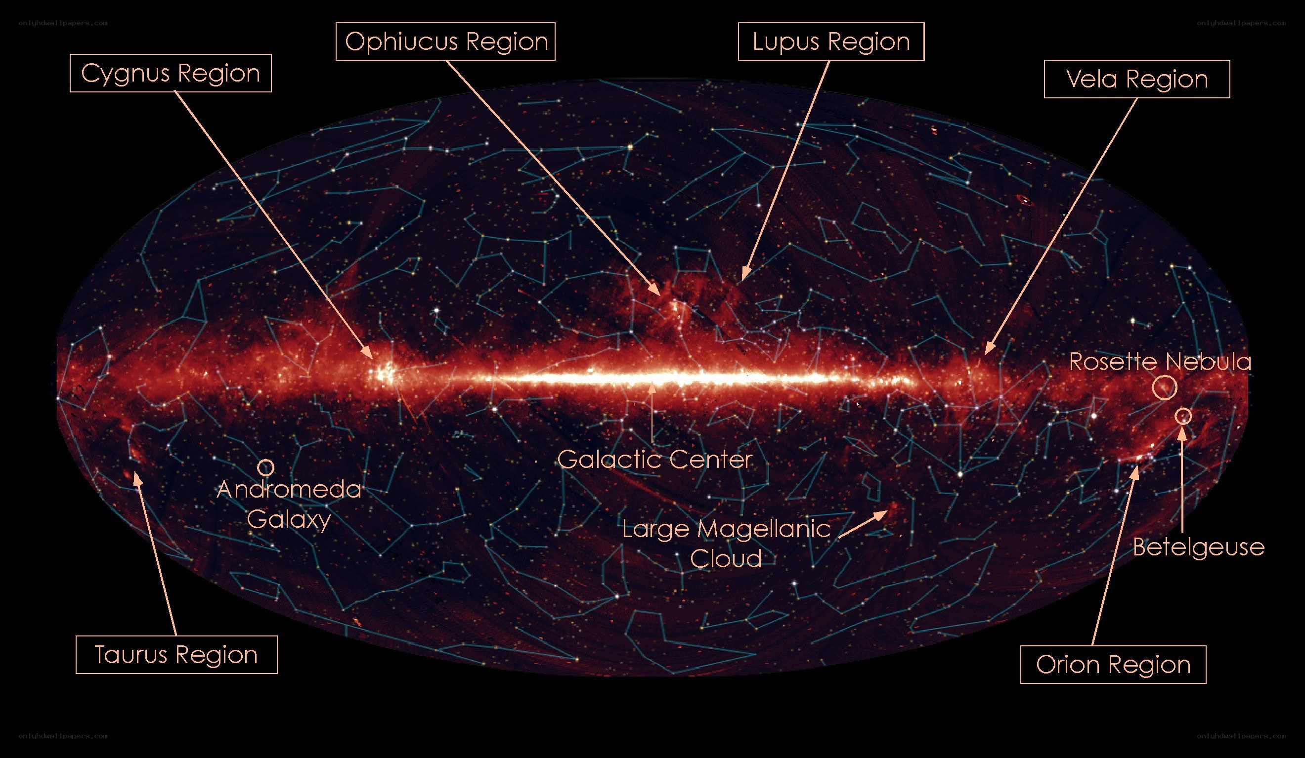 Galaxy map with labeled regions