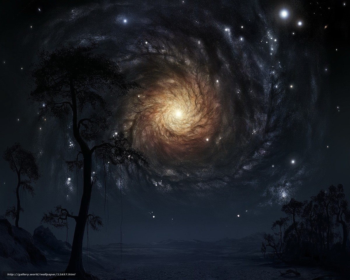 Galaxy over a barren landscape