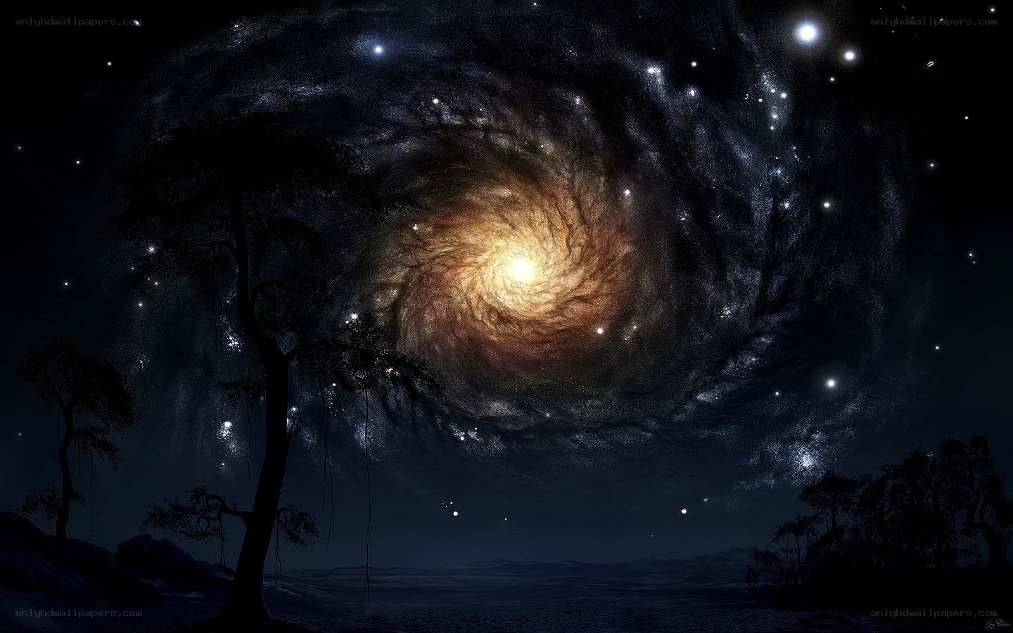 Galaxy over a dark landscape